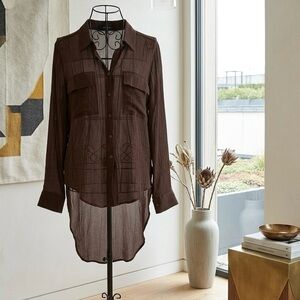 WORKHALL| Boutique Hi-Low Button Down Brown Semi-Sheer Blouse w/Pockets Sz M
